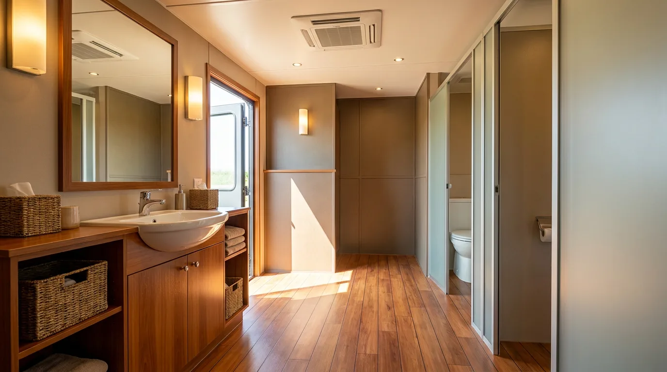Interior of a climate-controlled restroom trailer